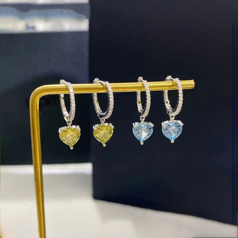 

925 sterling silver blue Heart-shaped hoop earrings for women light green gemstone love heart dangle charm elegant engagement