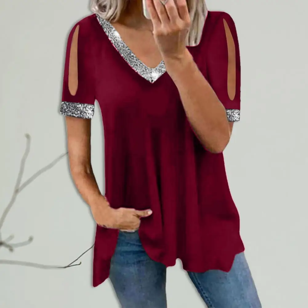 

Women Blouse V Neck Off Shoulder Women Top Glitter Short Sleeve Pullover Decorate Women T-shirt Solid Color Ladies Clothing