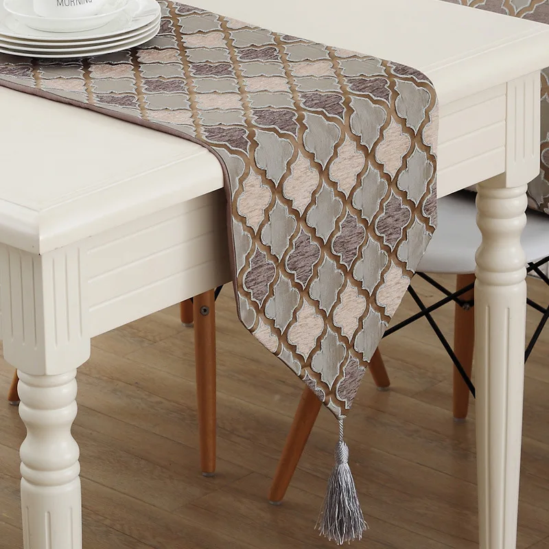 

Fashion Modern Table Runner Colorful Nylon Jacquard Runner Table Cloth With Tassels Cutwork Embroidered Table Runner ML189A