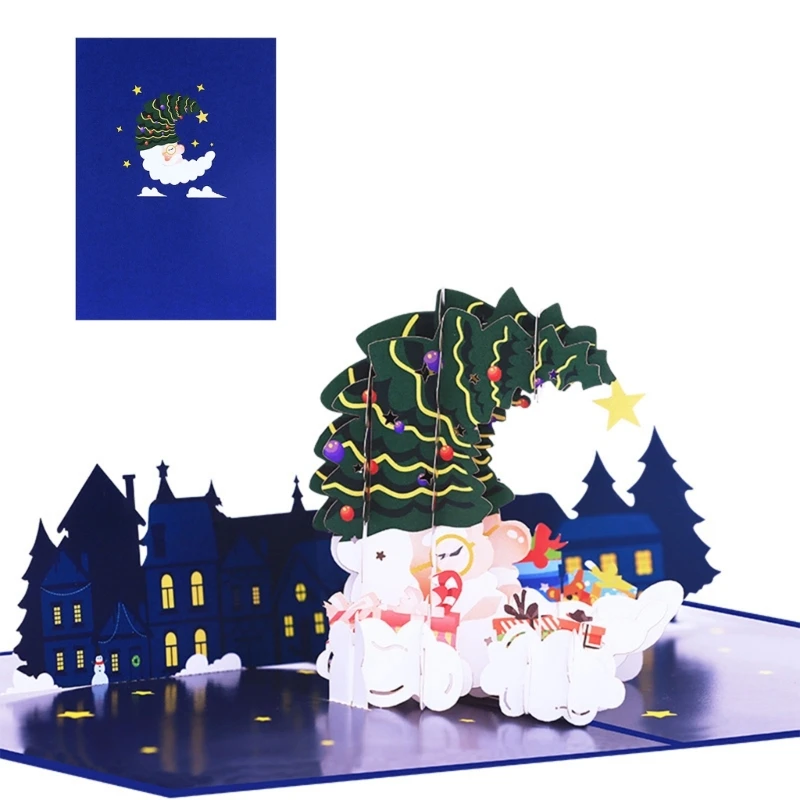 

3D Pop up Santa Moon Christmas Card Colorful Printed Cards Festival Holiday Cards for Birthday Wedding New Year Blessing