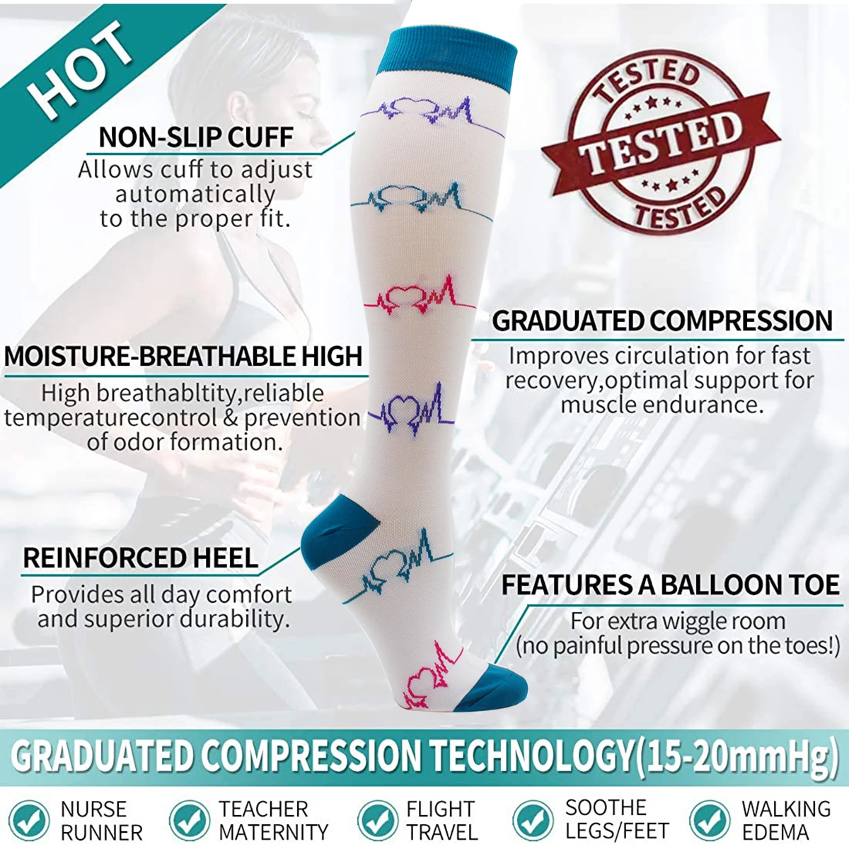 6 Pairs Compression Socks Women and Men Compression Stocking for Running Cycling Varicose Veins Cotton Sports Men's Socks