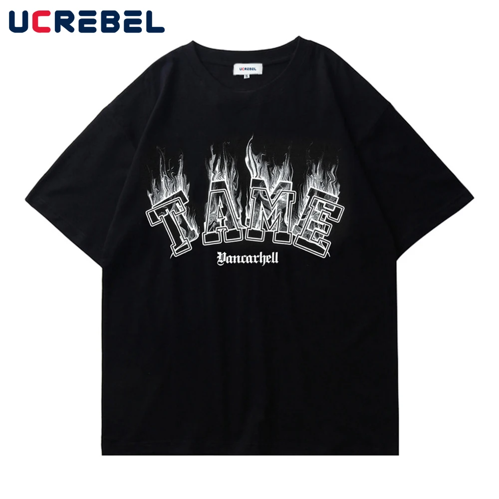 

Flame Letter Print Short Sleeve T-shirt Mens Streetwear Crew Neck Half-Sleeve Punk Style Summer Loose Casual Cotton Tee Men