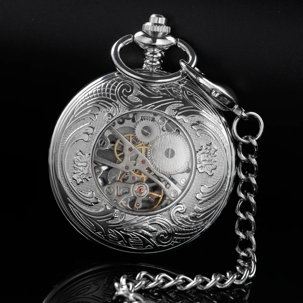New Silver Rudder Sculpture Roman Digital Mechanical Pocket Watch Hollow Case Analog Skeleton Men's Mechanical Pocket Watch