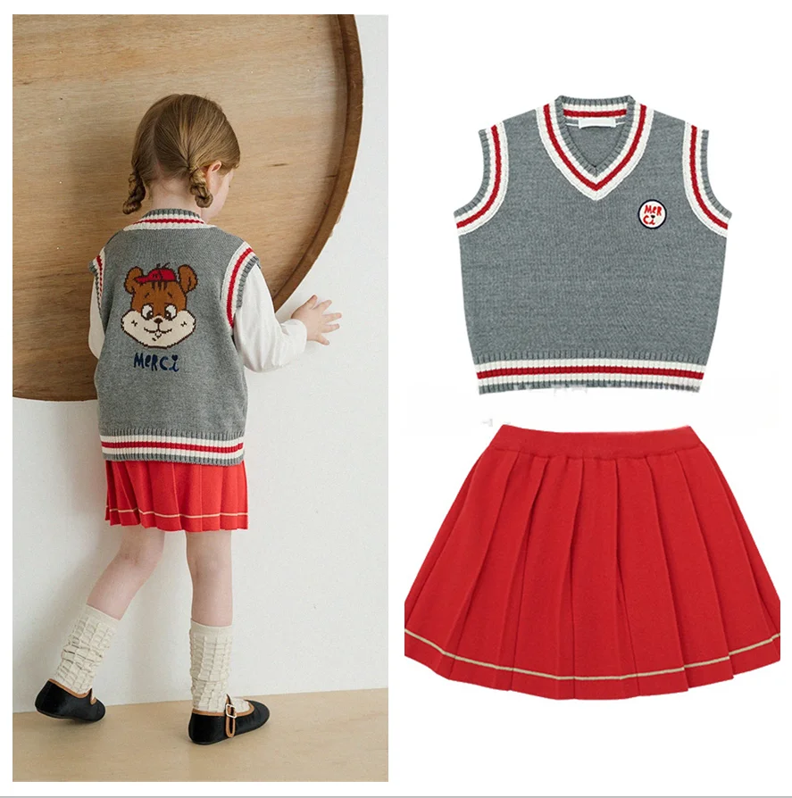 

PS брендовая Корейская одежда для девочек и мальчиков, вязаный жилет, свитер и красная юбка, наряды, комплект из двух предметов