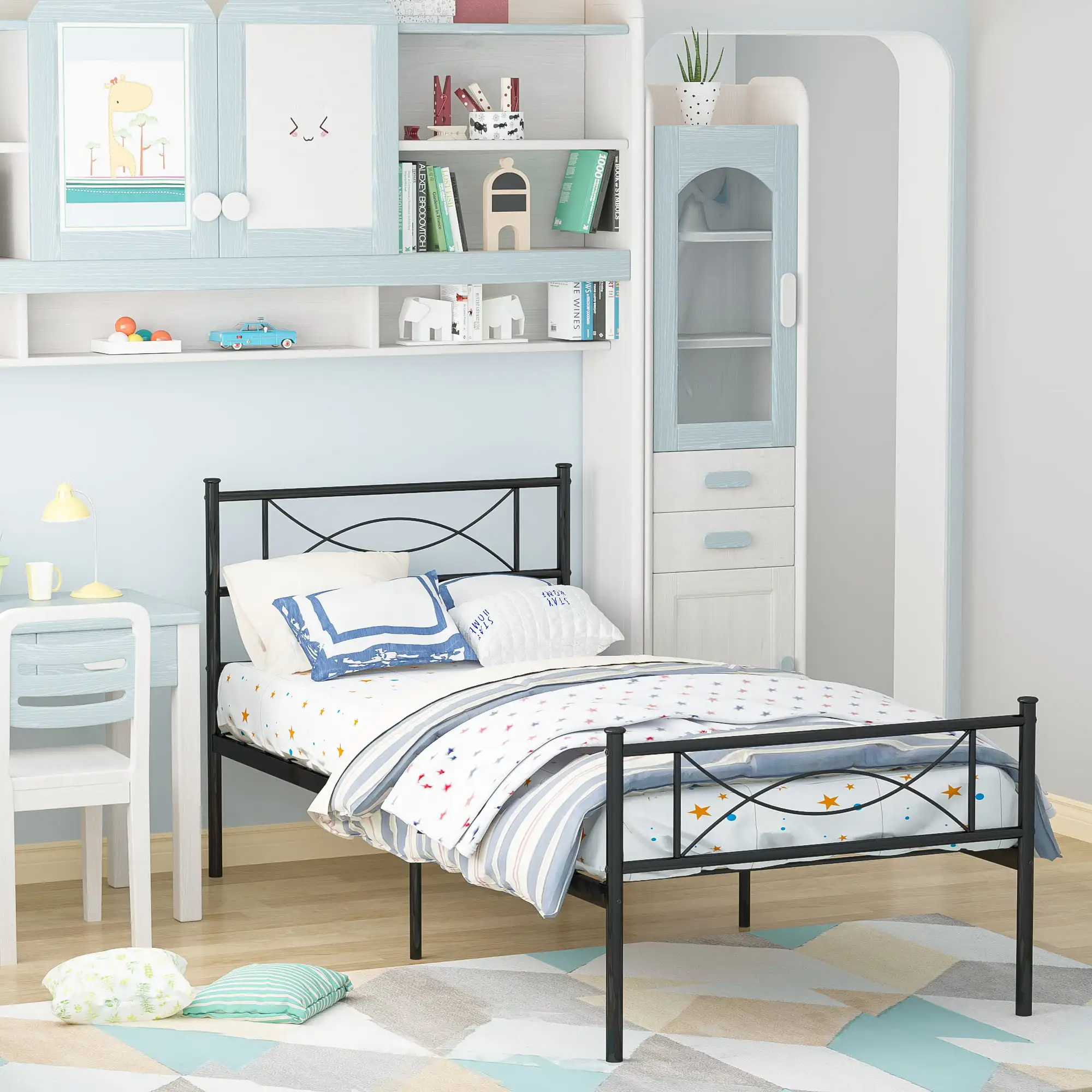 

Metal Bed Frame Platform with Headboards Twin Kids Bedroom Bed Frame Black