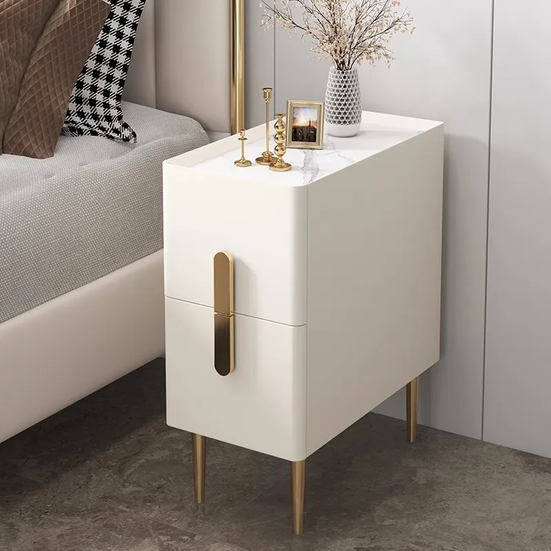 

Nordic Style Bedside Table Modern Mini Narrow Rock Surface Bedroom Nightstand Self-Contained 2 Drawers Wooden Bedroom Tables