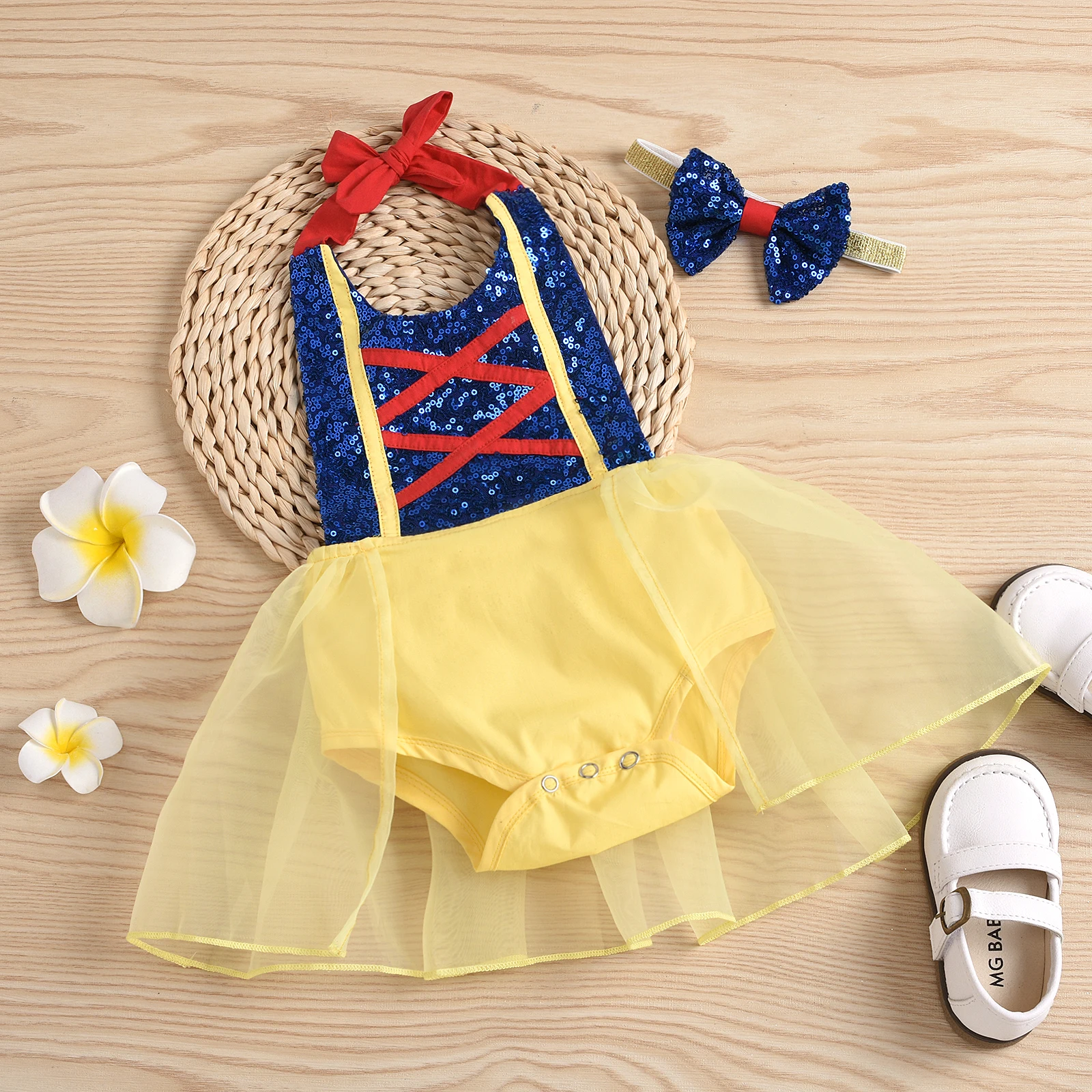 

Disney 0-24M Snow White Princess Baby Girl Romper Newborn Infant Bow Tulle Ruffle Playsuit Birthday Party Costumes + Headwear