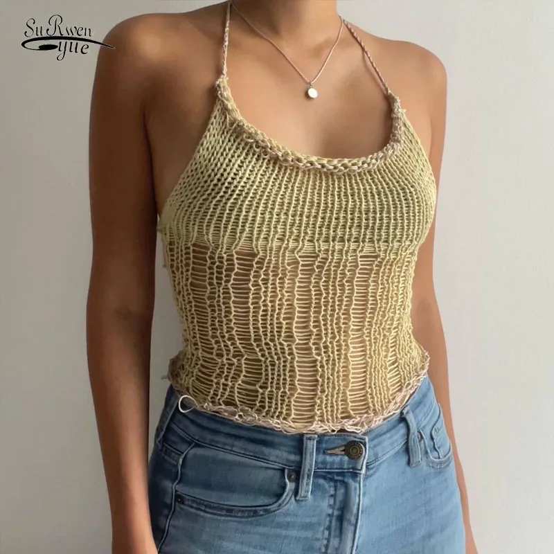 

Женский трикотажный топ в рубчик, зеленый укороченный топ с лямкой на шее и открытой спиной, уличная одежда без рукавов, модель 2022, Y2K, 20823