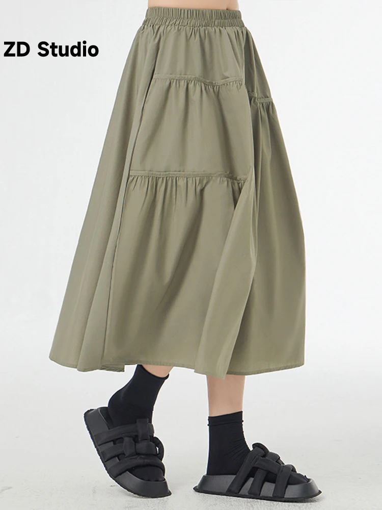 

[ZD Studio] High Elastic Waist Green Black Pleated Brief Midi Half-body Skirt Women Fashion Tide New Spring Autumn 2023 1DF9956