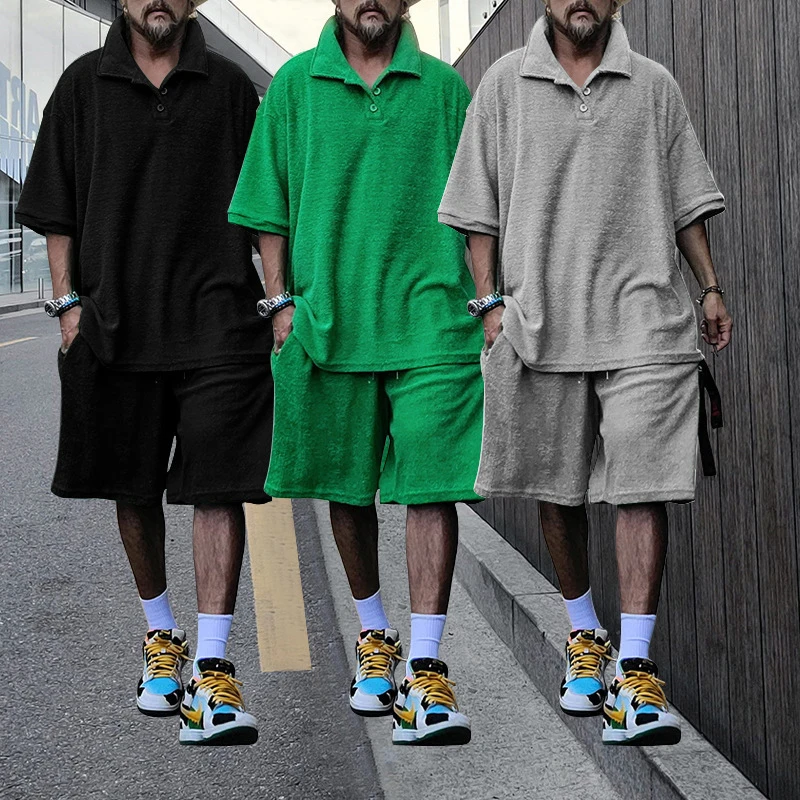 Men Summer Lapel T-Shirt Short Sleeve And  Loose Towel Fabric Casual Suit Busos Para Hombre Conjunto Deportivo DC015