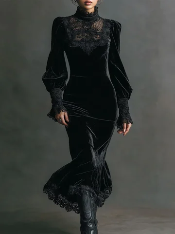 Бархатные платья макси в стиле ретро, осень-зима, готическое кружевное лоскутное облегающее платье, женское элегантное вечернее платье с рукавами-фонариками, тонкое