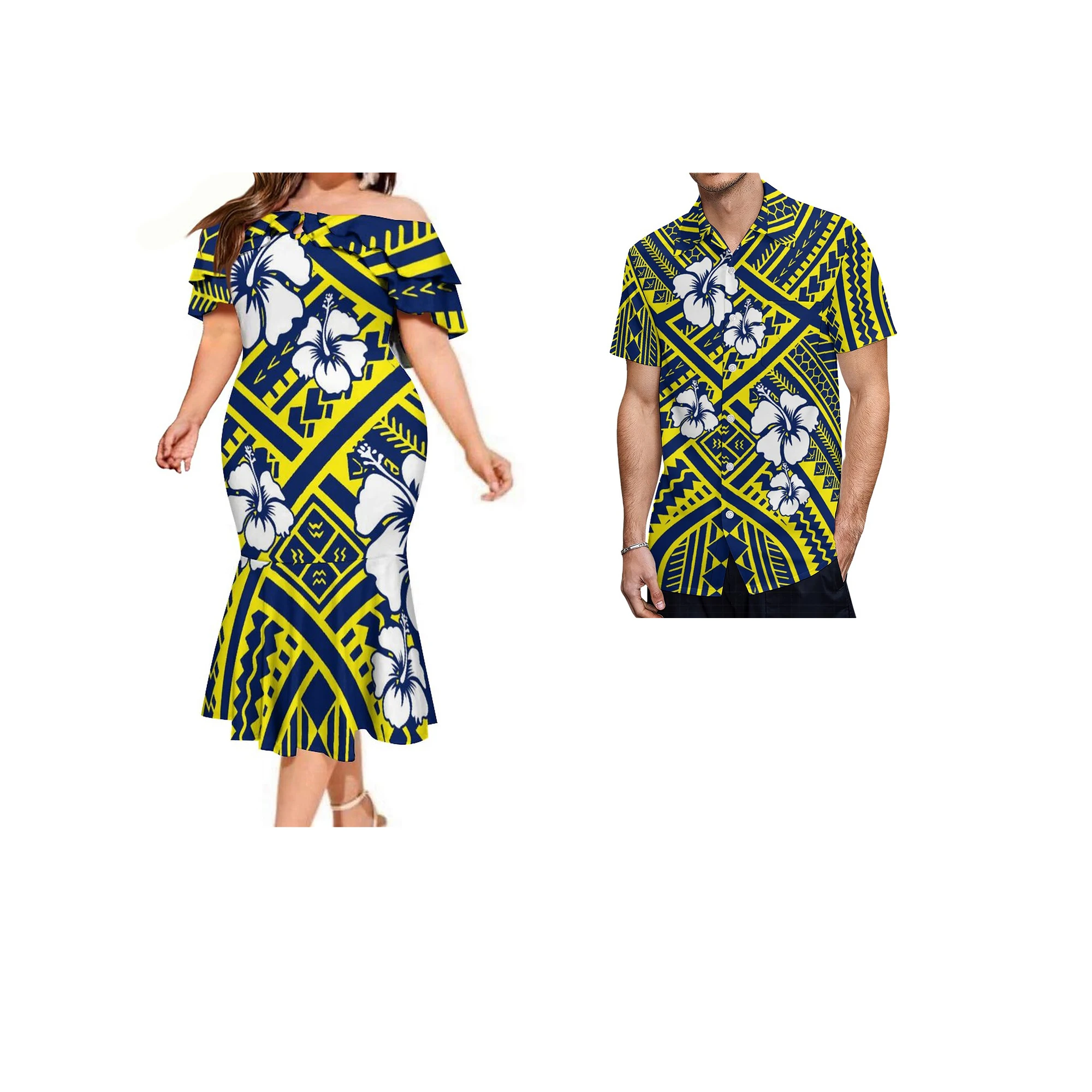 

Custom Off Shoulder Midi Casual Dresses Polynesian Samoan Tribal Double Ruffle Frill Mermaid Dresses Match Mens Shirts