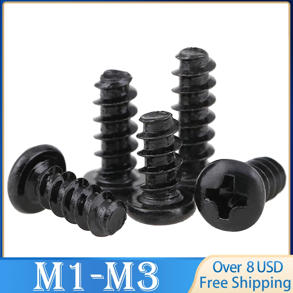 

1000pcs Mini Black Carbon Steel Phillips Screw M1 M1.2 M1.4 M1.7 M2 M2.3 M2.6 M3 Cross Recessed Pan Head Self-tapping Screws