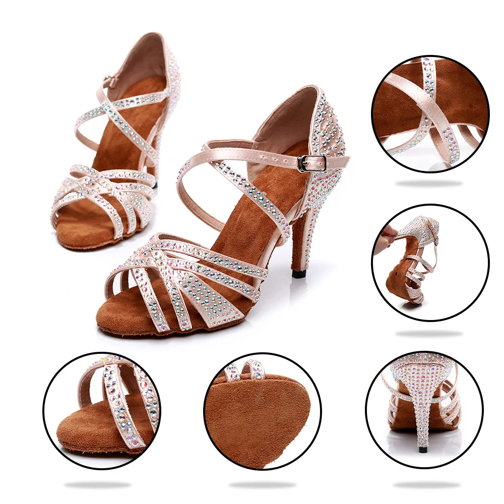 HROYL Dance Shoes High Heels Women Thin Heeled 10CM Shiny Rhinestone Ballroom Salsa Dancing Shoes Party Performance Sandals
