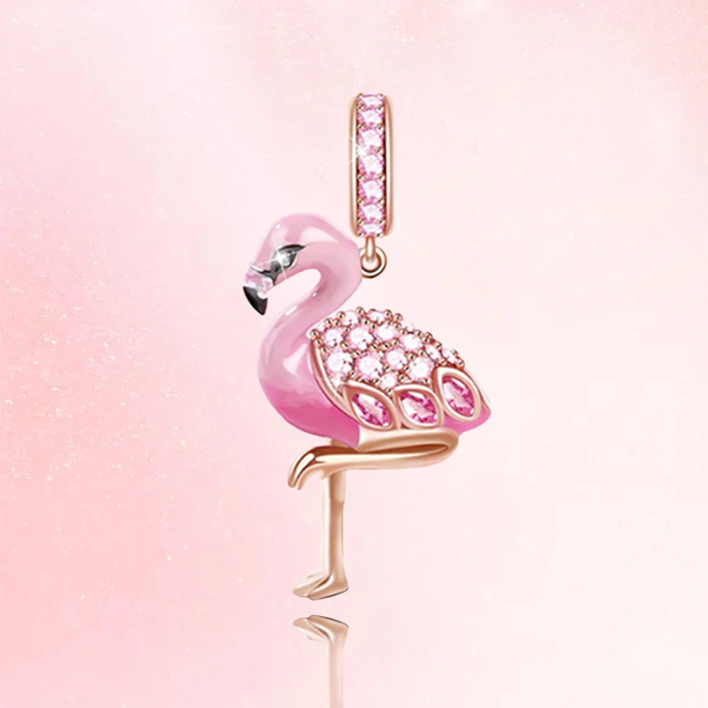 

925 Silver Shine Pink Flamingo Dangle Charm Fit Pandora 925 Original Bracelet Beads Charm for Pendant Jewelry Making Gift