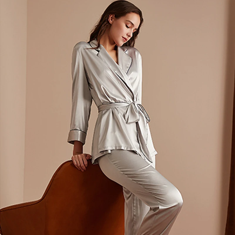 2Pcs Women Lapel Long Sleeves Pajamas Sets Robe Pant Nightwear Ice Silk Sleep Suit Ice Silk Sleep Suit Solid Color Loose Casual