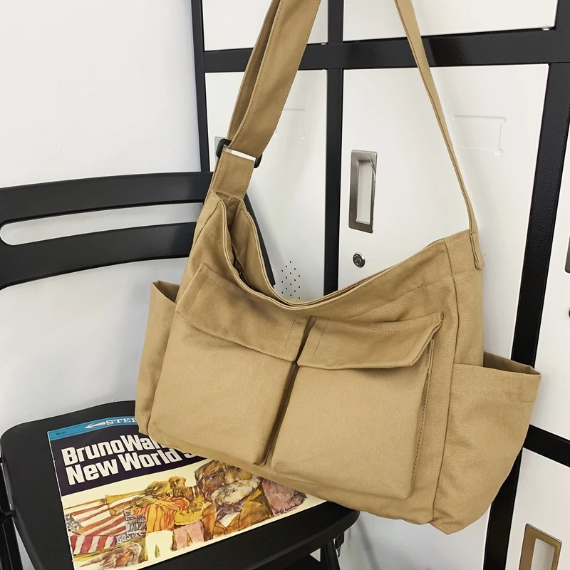 Large Capacity Schoolbag for Student Messenger Bag Canvas Solid Color Simple Shoulder Bags for Women Multi Pocket Handbag Sac