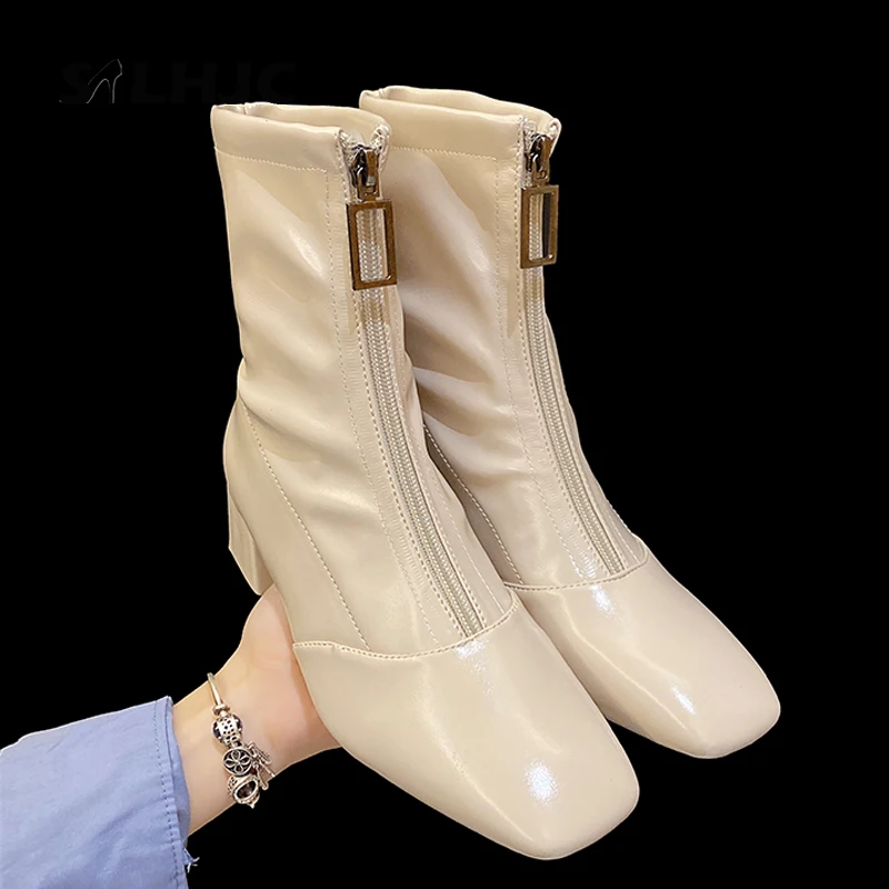 

SLHJC Spring Leather Boots Med Heel Square Toe Sock Shoes Front Zip Women Casual Fashion Chelsea Booties