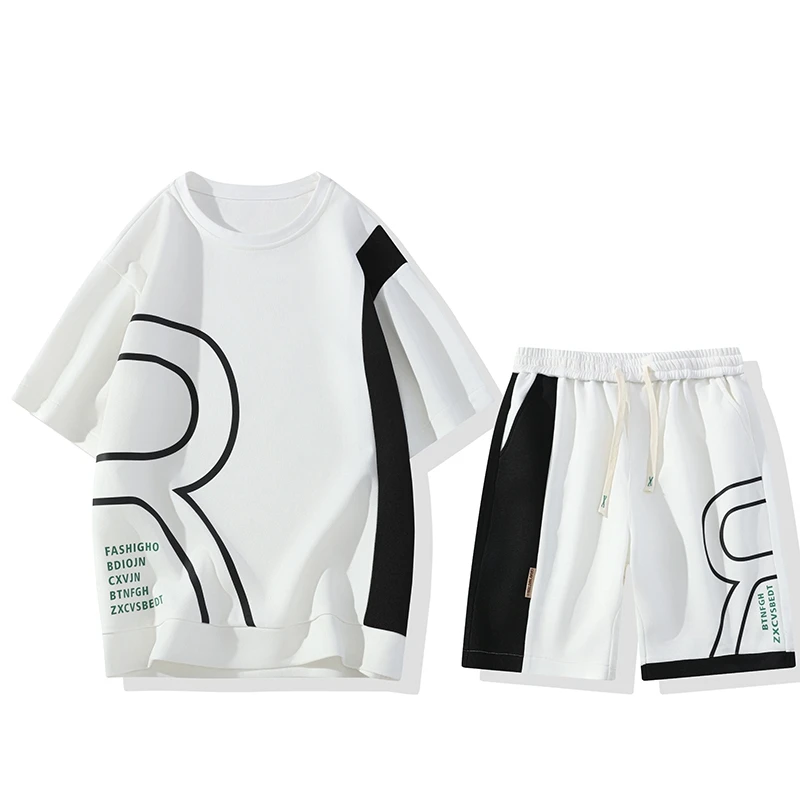 Pullover Men's round Neck Letter Print Short-Sleeved T-shirt Young Students Are Fashionable Fifth Pants Trendy Two-Piece Suit