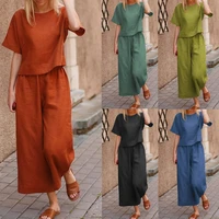 2022summer casual cotton linen women two piece set fashion o neck short sleeve tops wide leg pants suits solid loose outfits