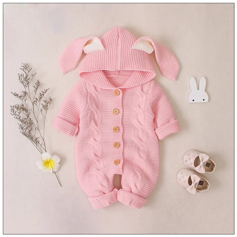 

0-24 Months Baby Newborn Sweater Soild Long Sleeve Winter Autumn Wool Warm Romper Infant Boy Girl Outfits Knitted Hooded Clothes