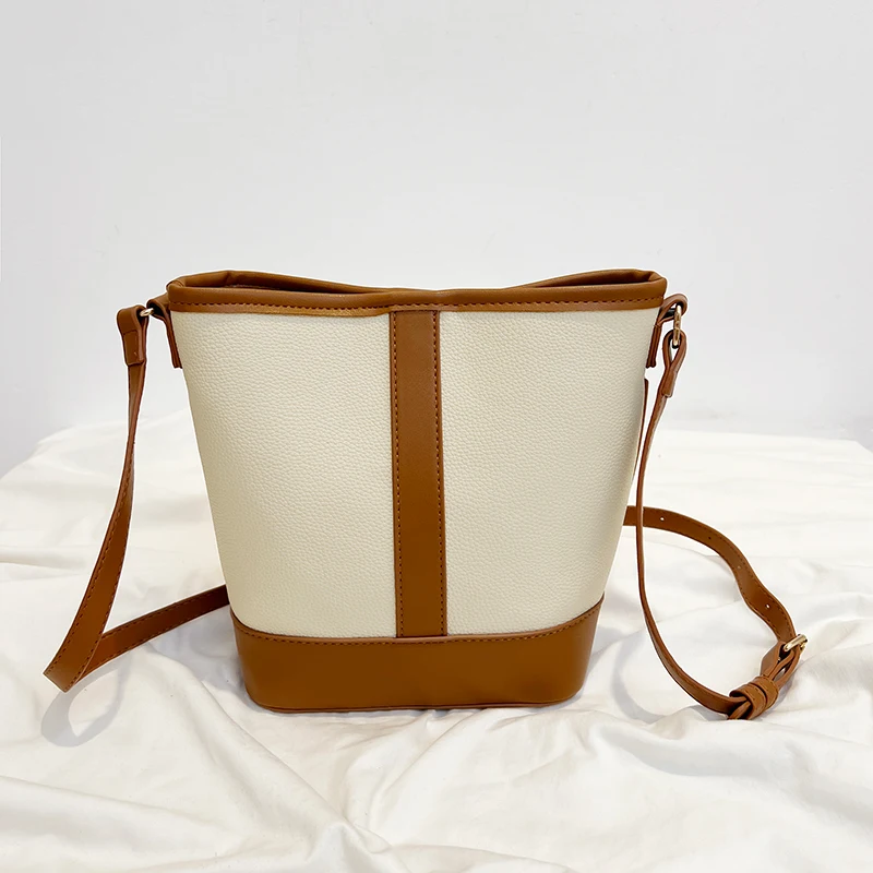 

JIOMAY PU Leather Bucket Bags 2023 Women Fashion Designer Handbags Ladies PU Leather Stitching Shoulder Bag Simple Composite Bag