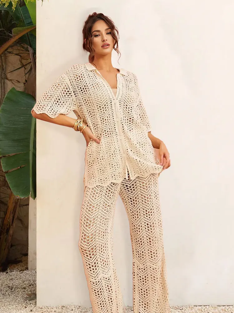 Повседневная вязаная крючком рубашка и брюки с тепловой волной бежевый комплект