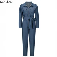 kohuijoo autumn jumpsuit women 2022 high quality retro slim long sleeve tooling overalls denim zipper design casual romper belt