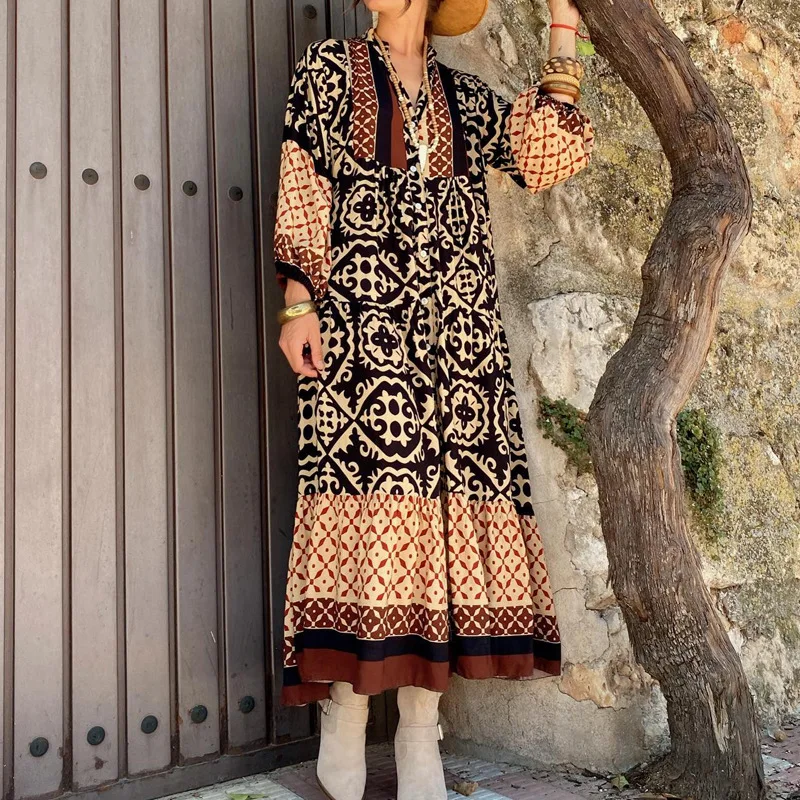 

Autumn 2022 New Dress V-neck Fashion Print Mid length Dress