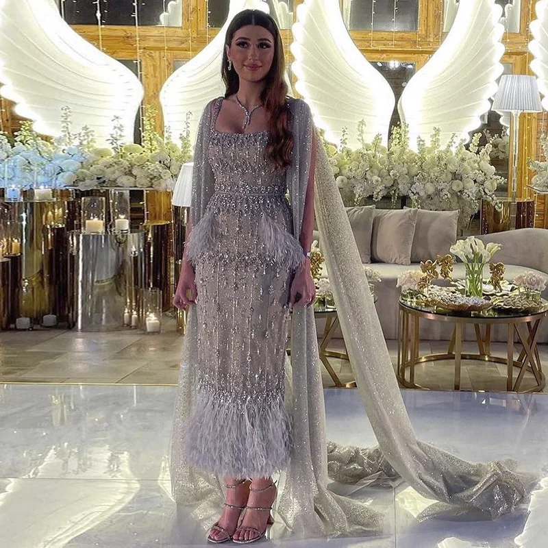 Sharon Said Bling Gray Mermaid Arabic Evening Dress with Cape Luxury Feather Dubai Formal Dresses for Women Wedding Party SS279 1 Sharon Said Bling Gray Mermaid Arabic Evening Dress with Cape Luxury Feather Dubai Formal Dresses for Women Wedding Party SS279 1