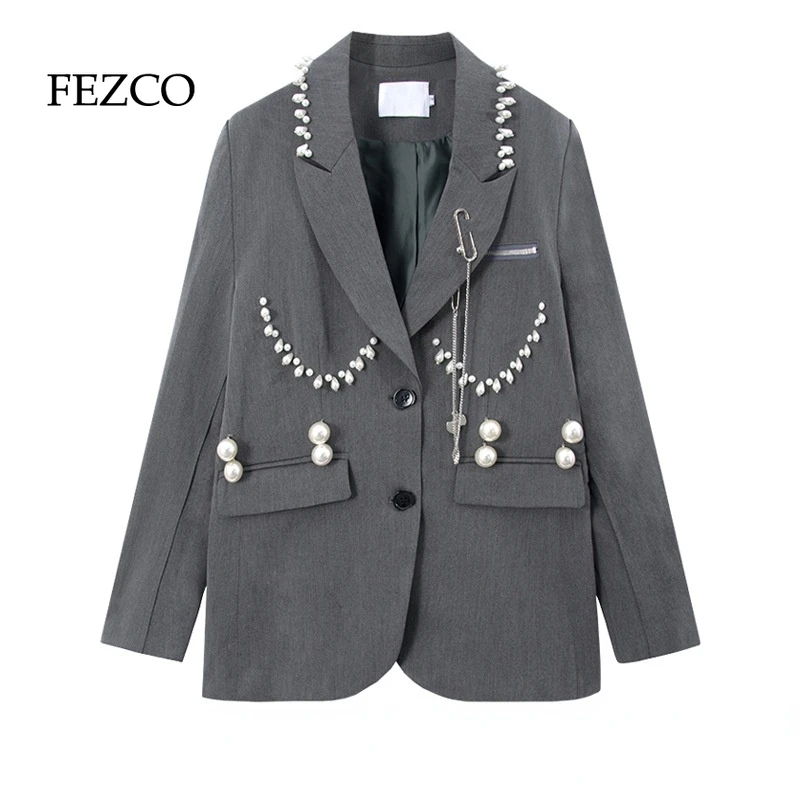 

FEZCO 2022 Fashion Original Design Pearl Decorate Grey Women Blazer Women Elegant Jacket Loose V-neck Long Sleeve Cardigan