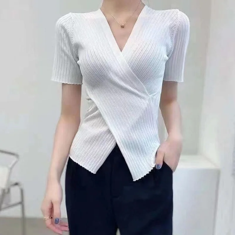 

Summer Short Sleeve Women T-shirt Irregular Cross Knited Tops Female Backing V-neck Versatile Solid Color Tees Slim Fit T Shirt