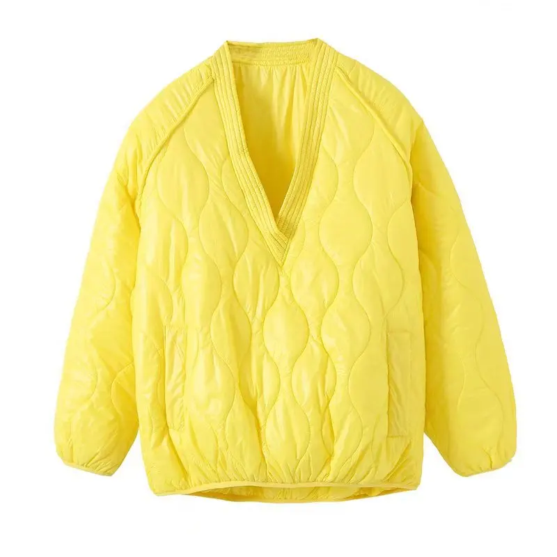 2022 Autumn and Winter New Women's Street Fashion Thickened Padded Jacket Casual Loose Solid Color V-Neck Padded Jacket