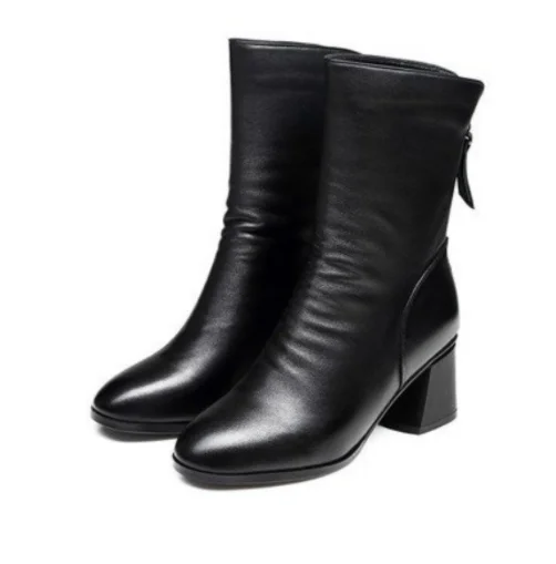 

2023 Winter Leather Women Winter Boots Thick Wool Warm Women High-heeled Boot High-quality Female Snow Boots Women Shoes