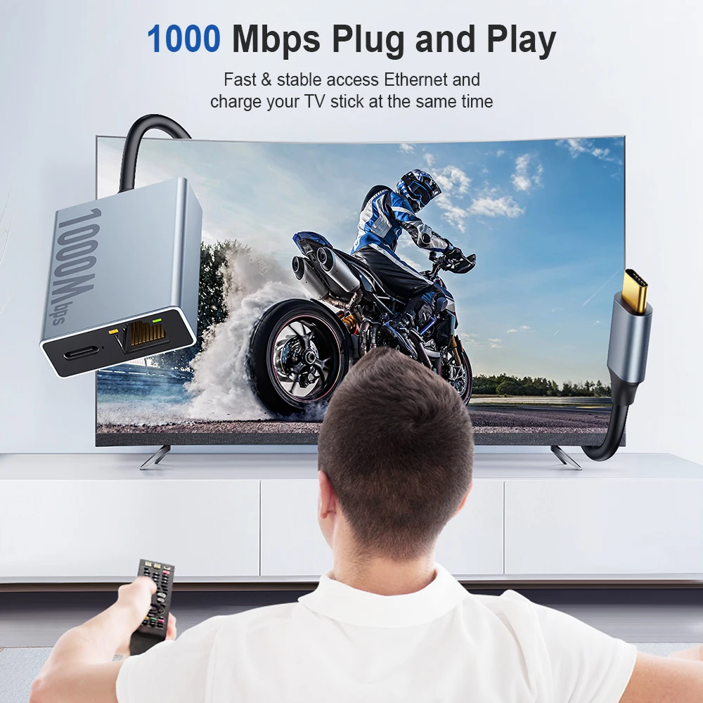 Фото Goelely RJ45 1000 Мбит/с внешняя сетевая карта Ethernet-адаптер для 4K Chromecast Google TV Stick светодиодный дисплей Type-C Plug & Play №2