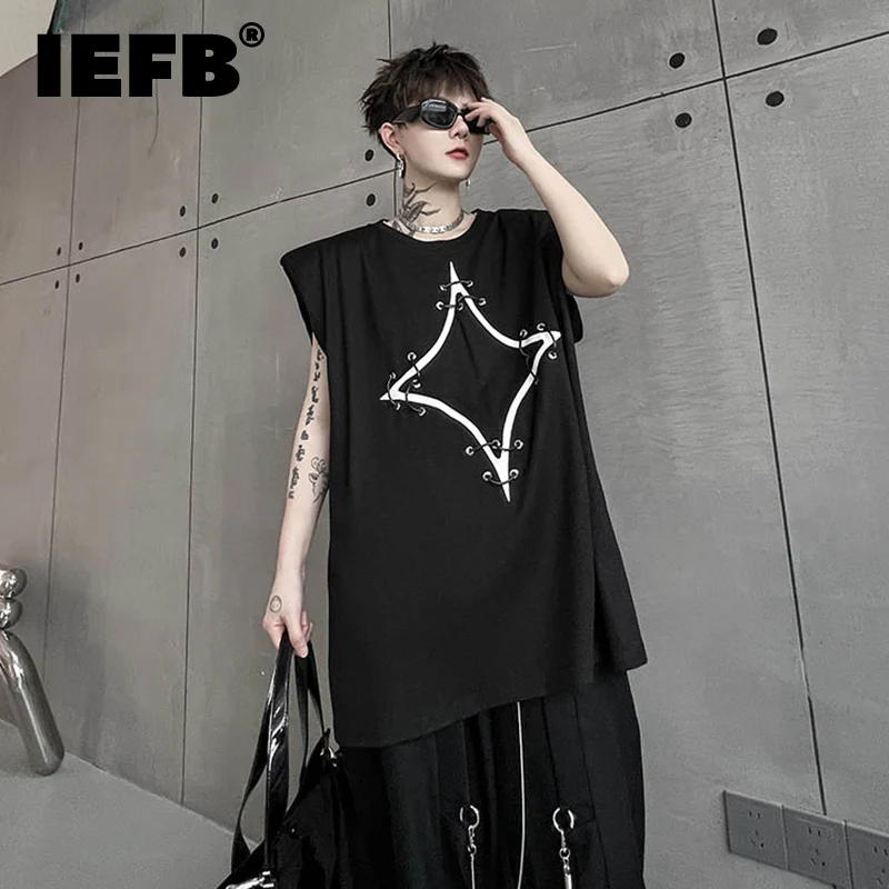 

IEFB American Fashion Men's Casual Vests Trendy Printing Hole Sleeveless T-shirts New Niche Design Tops Contrast Color 9A8341