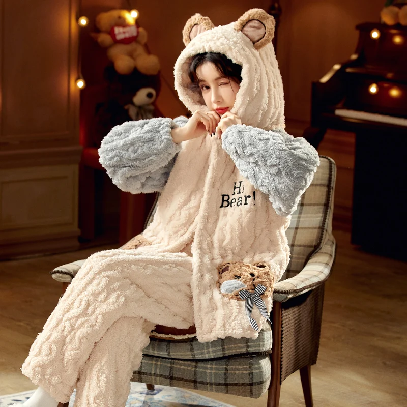 Winter Fleece Pajamas For Women Plus Velvet Warm Home Clothes Sleepwear Ladies Flannel Thick Cute Cartoon Large Size Pijama