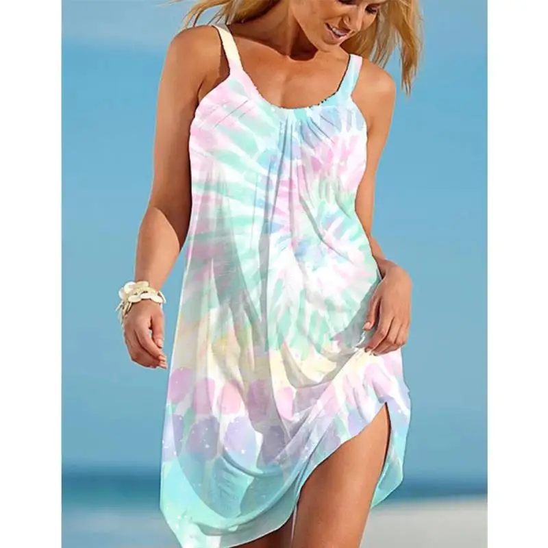 

Women Summer Beach Dress Fashion Sexy Sleeveless Personality Graffiti Print Loose Beach Dress Girls Beach Party Holiday Sundress