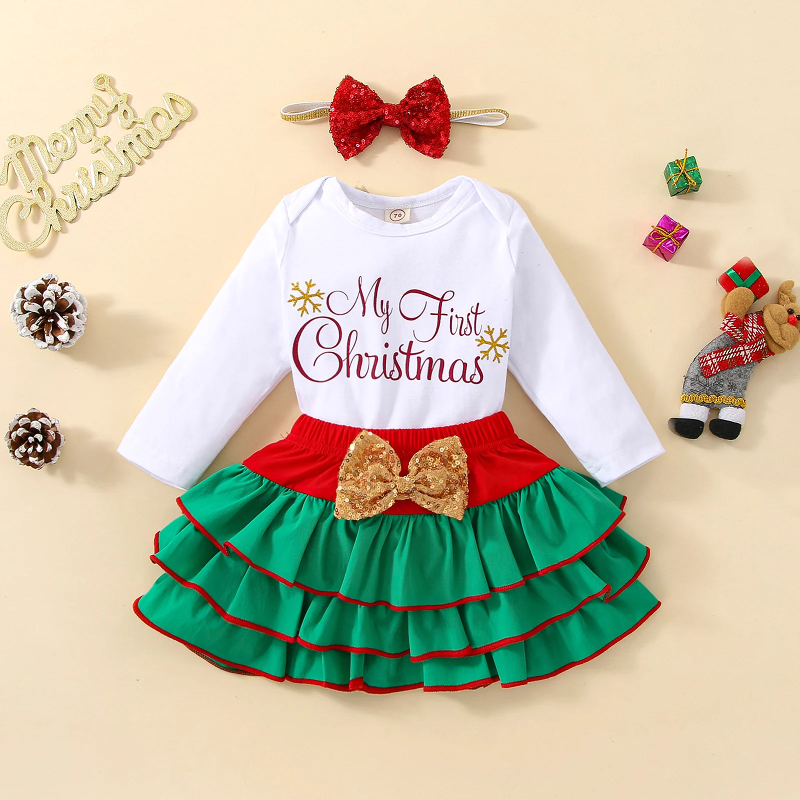 

TR New Autumn Christmas Toddler Baby Girl Outfit Long Sleeve Romper + Layered Skirt + Bow Headband Set Xmas Clothes