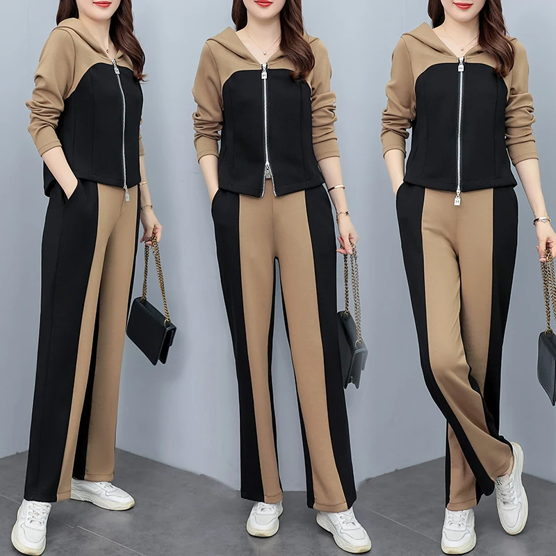 

Autumn 2022 New Womens Casual Suit Color Contrast Hooded Coat Wide Leg Pants Two Piece Sets Fashion