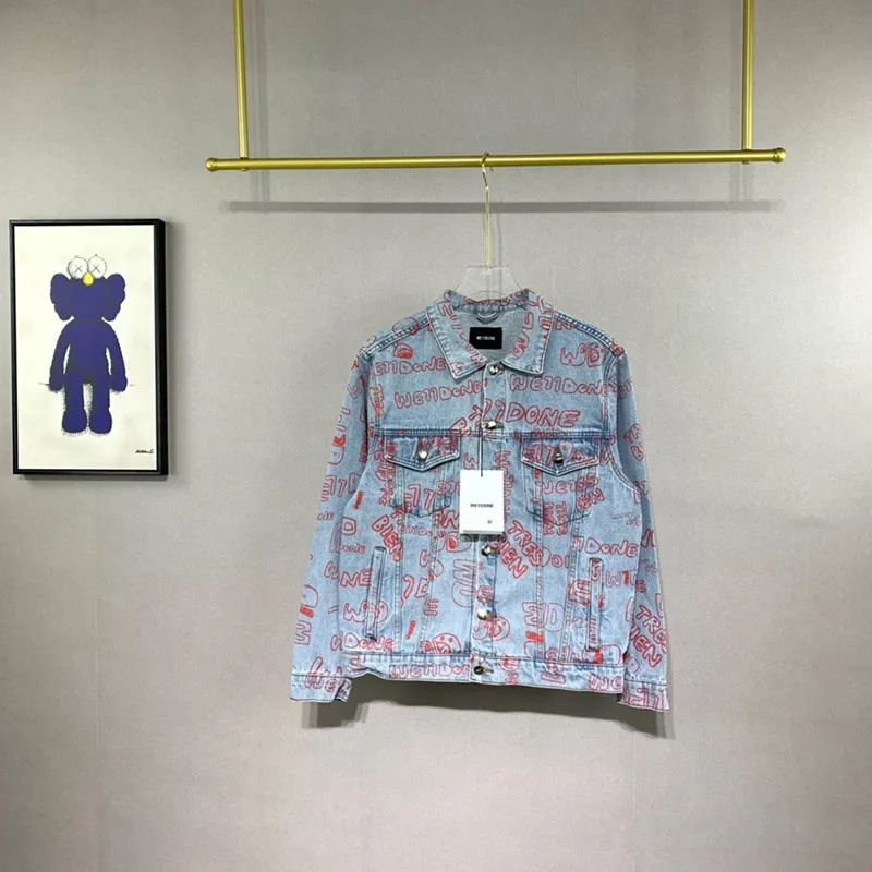 

WE11DONE Denim Jacket Graffiti Letter Printing Couple Tide Brand Loose Pocket Denim Jacket Welldone Men's Coat