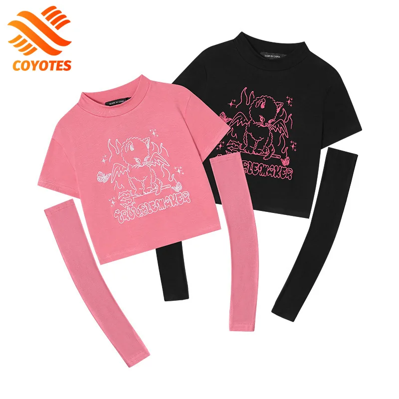 

COYOTES Womens T-shirts Cartoon Cat Embroidery Short Sleeve T-shirt Women O-Neck Crop Tops With Oversleeve Summer Streetwear