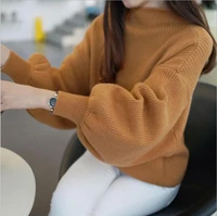woman vintage pullovers new half high neck lantern sleeve slimming knit sweater loose bat shirt pullover sweater women clothes