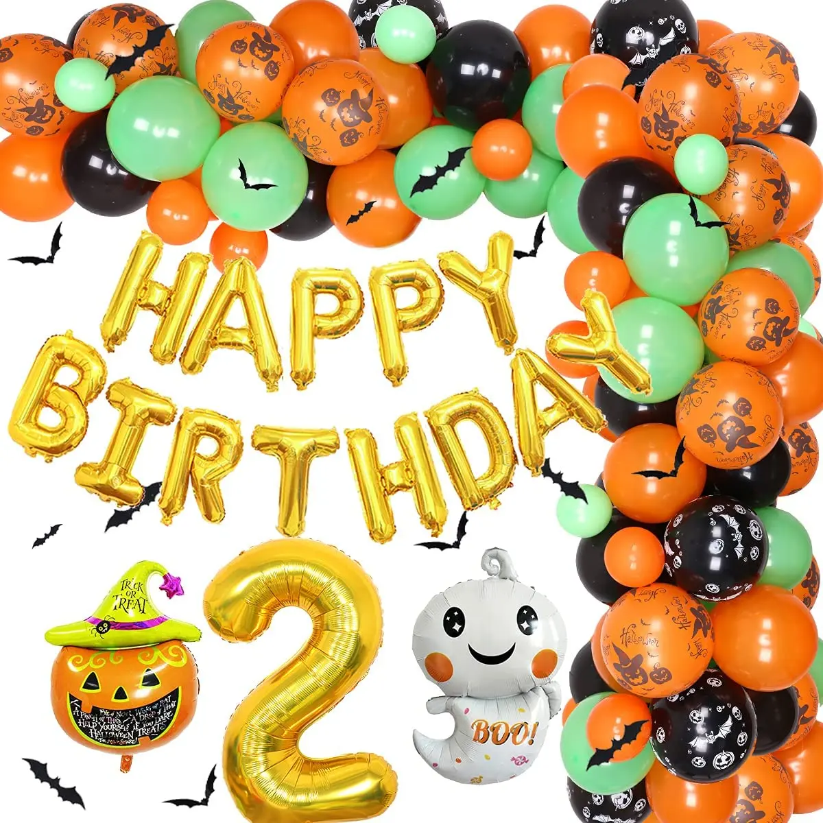

Orange Green Black Balloon Garland Kit Halloween Themed 2nd Birthday Decorations for Boys Girls Birthday Party Supplies