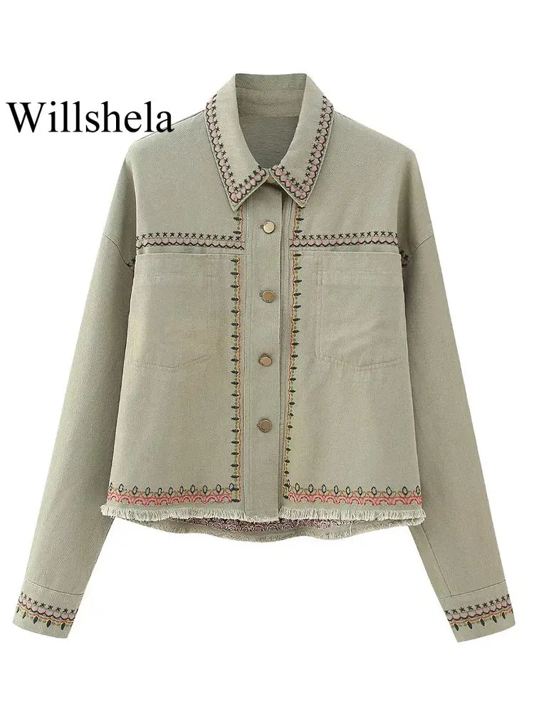 

Willshela Women Fashion With Pockets Embroidery Single Breasted Jacket Vintage Lapel Neck Long Sleeves Female Chic Shirt Coats