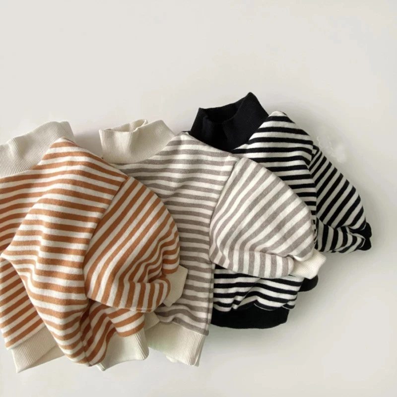 

Korean Kids Striped Fleece Sweatshirt Winter Baby Girls Thicken Warm High-neck Velvet Tops Toddler Boys Tees