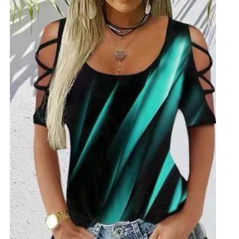 

Elegant Short-sleeve Loose T-shirt Casual Street Hollow Out Clothing Summer Sexy Printed T-shirt Women Fashion Ladies Tops 26692