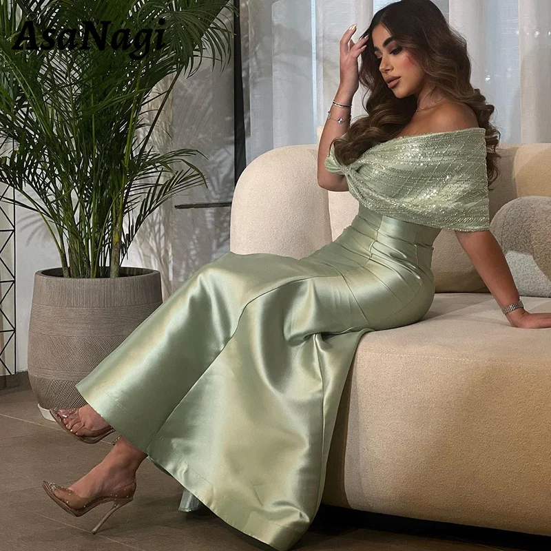 

AsaNagi Satin Mermaid Evening Gown Women's Strapless Sparkling Card Shoulder Party Prom Gowns Green Saudi Special Occasion Dress