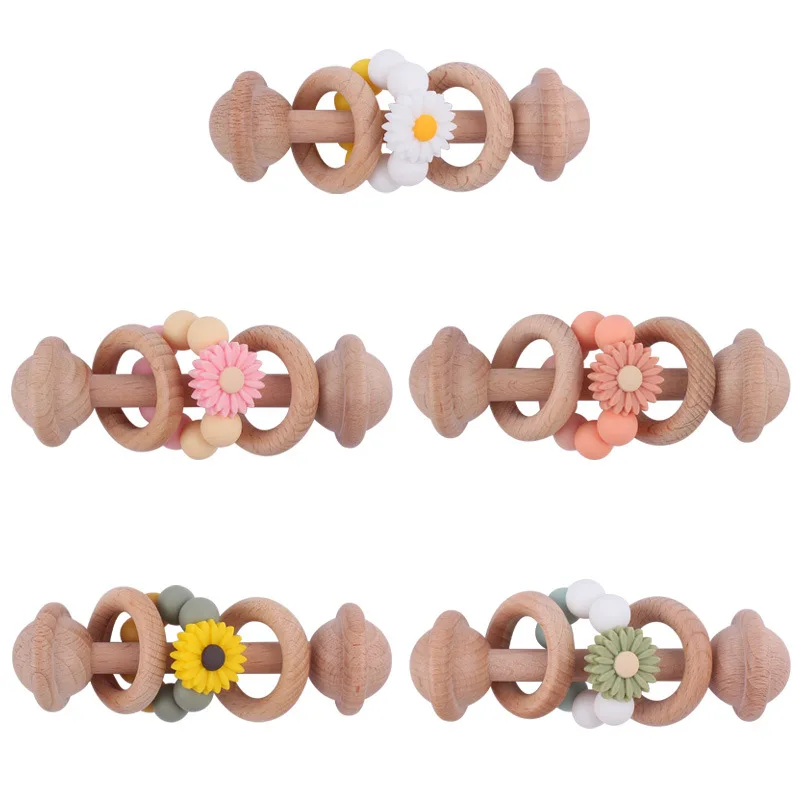 

New Beech Wooden Teether Infant Chew Sticks Baby Teething Toy Grasping Bell Daisy Silicone Beads Rattle Nursing Gift Baby Shower