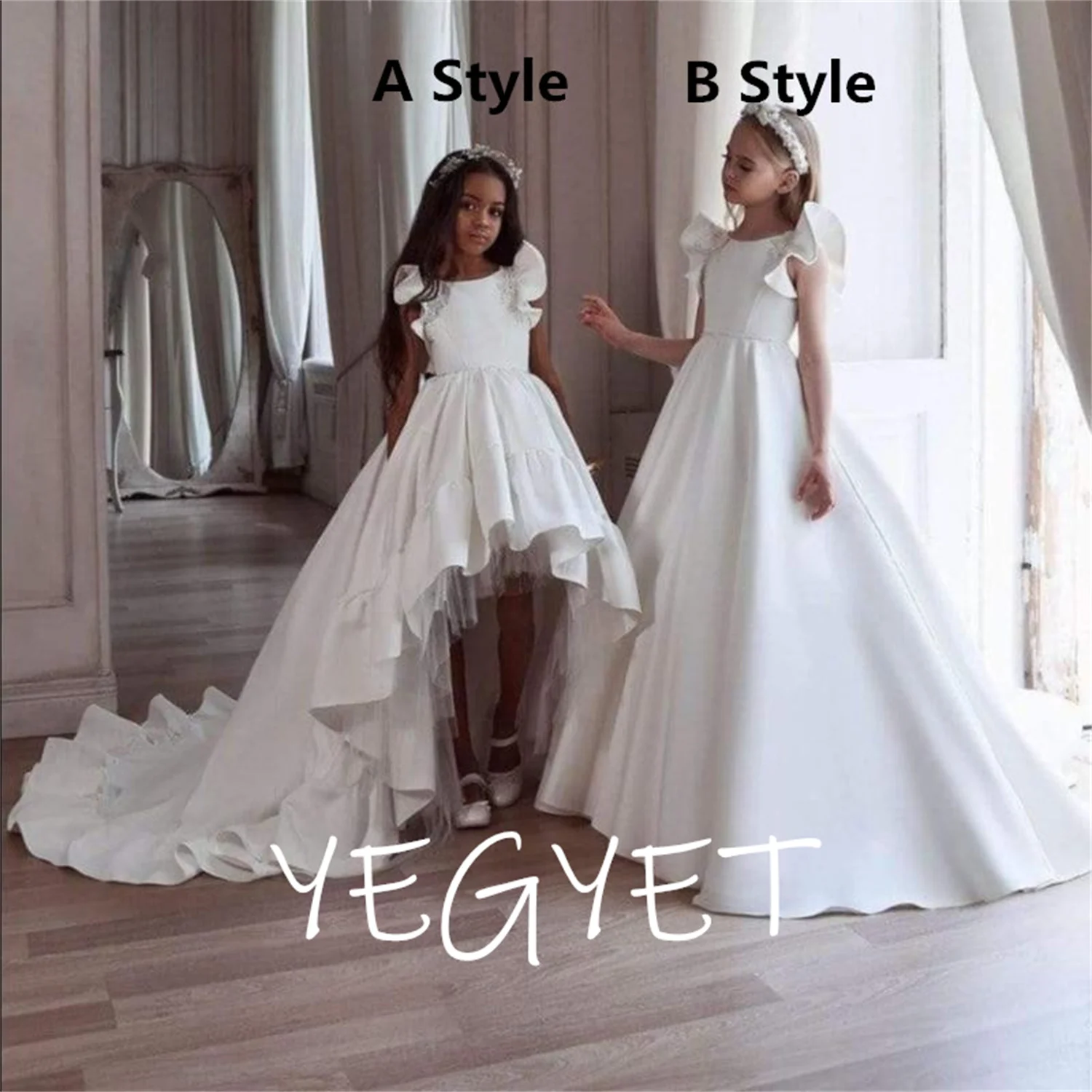 

A-Line Flower Girl Dresses For Wedding Satin Lace Ruffles Kids Pageant Gowns Sleeveless First Communion Kids Dress